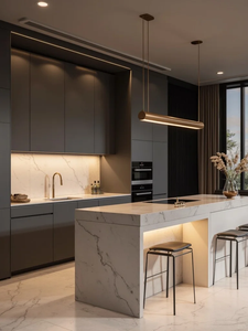 Meubles <span class=keywords><strong>de</strong></span> <span class=keywords><strong>cuisine</strong></span> modernes gris foncé avec comptoir en marbre, finitions haut <span class=keywords><strong>de</strong></span> gamme en verre brillant, îlot <span class=keywords><strong>de</strong></span> salle à manger - Product Image 2