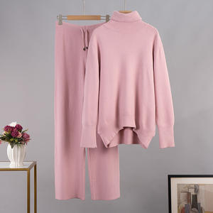 Pullover largo invernale a collo alto tinta unita pantaloni larghi lavorati a maglia da <span class=keywords><strong>donna</strong></span> 2 pezzi completo maglione da <span class=keywords><strong>donna</strong></span> - Product Image 4