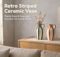 Vas Keramik Bergaris Retro Lukisan Tangan, Vas Bunga Amphora Berlapis Ganda dengan Pegangan, 9 Warna Dekorasi Rumah Modern Gaya Farmhouse Boho