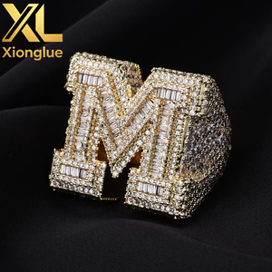 Custom Fashion Shiny Copper 18K Gold Plated <b>Initial</b> M Letter Micro Pave Baguette Zircon Hop <b>Ring</b> - Product Image 1