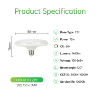 Luz LED UFO de Alta Eficiencia 120lm/W, 12W 1440lm 3000K-6500K 120 °   Lámpara de Ahorro de Energía E27 100-265V IC-DOB