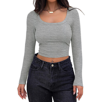 T-shirt Femme Col Carré Manches Longues Coupe Slim Côtelé Décontracté Basique Personnalisable Uni Tendance