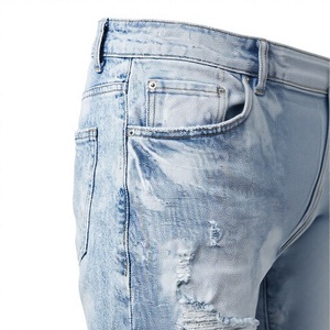 Jean en denim coupe droite pour homme, déchiré, style streetwear, taille haute, avec fermeture éclair asymétrique, en denim épais - Product Image 4