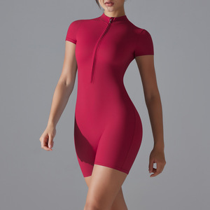 Mono corto para <span class=keywords><strong>mujer</strong></span> con media cremallera, cuello simulado, manga corta, elástico y suave, para gimnasio, running y fitness, proveedor mayorista - Product Image 4
