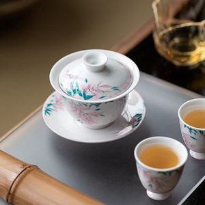 Guanlan Hand Painted Wisteria Flower Gaiwan <b>Teacup</b> Three Piece Set White Porcelain Heat Resistant Tea Bowl With Lid - Product Image 4