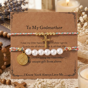 Conjunto de Pulseras Go2boho Madrina, Pulsera de Cordón Trenzado con Cruz y Pulsera de Perlas con Tarjeta de Regalo - Product Image 1