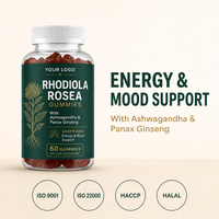 Fabricant ODM de bonbons gélifiés à la Rhodiola Rosea, étiquette privée, saveur personnalisée, adaptogène, 60 gummies