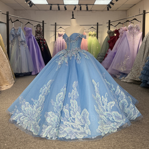 Vestido de Gala Azul para Quinceañera Dy6762 con Apliques, Talla Grande, Escote Corazón, de Gasa para Mujer - Product Image 3