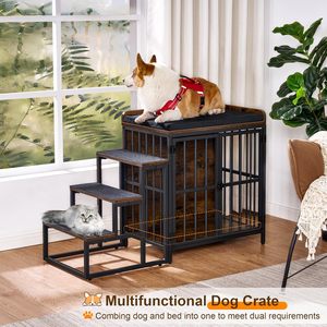 Perrera de madera marrón rústica para perros, puertas dobles, muebles de caja para perros de interior con cojín, cama resistente para mascotas, perros pequeños/medianos - Product Image 2