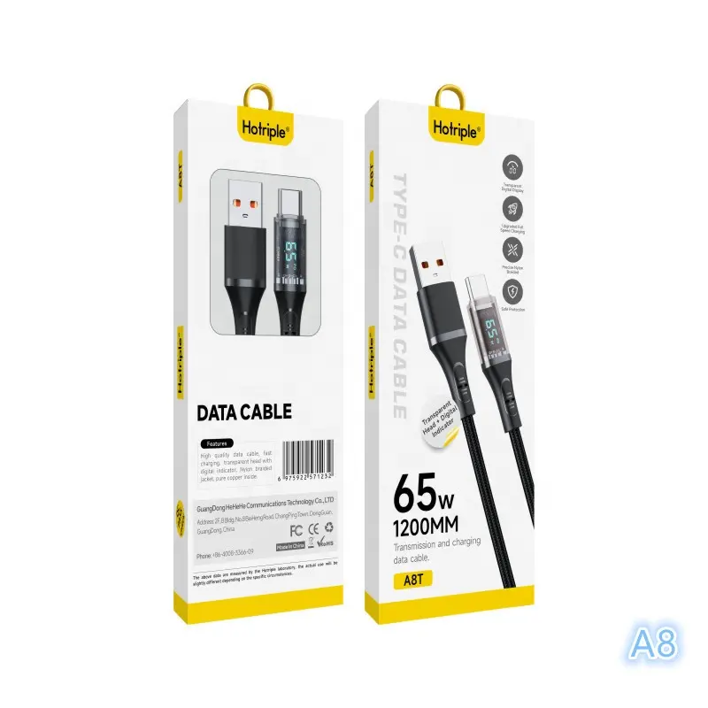 Gama alta A8T tipo C PD 65W 1,2 M cabeza de aluminio transparente pantalla Digital trenza de nailon teléfono móvil USB Cable de datos de carga rápida