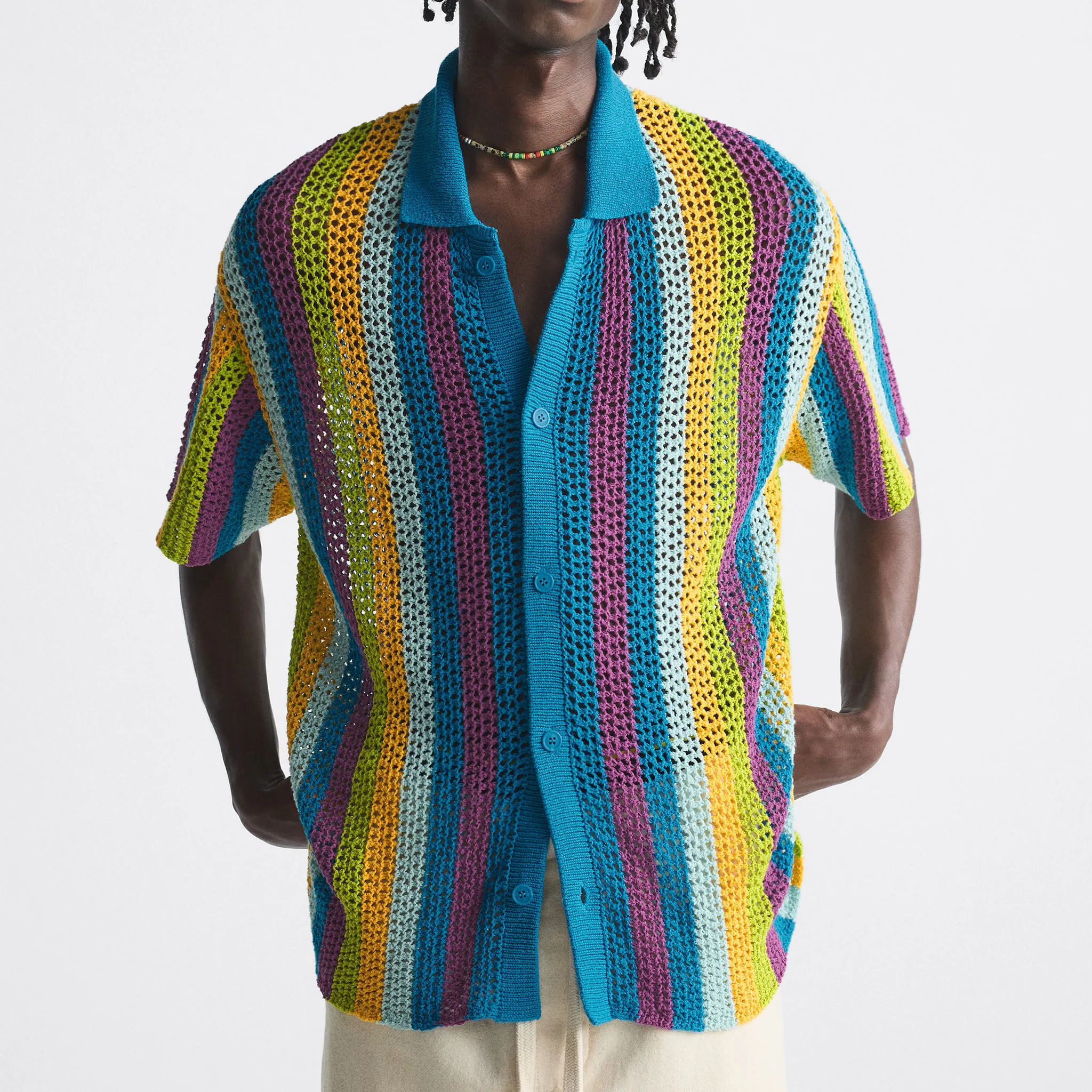 CaiNan custom spring summer short sleeve hollow out sweater cardigan multicolor stripe crochet knitted polo shirt men