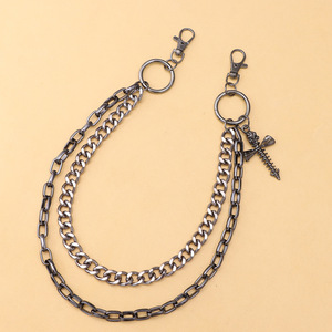โซ่คล้องกางเกงโลหะสองชั้นพร้อมจี้รูปกากบาทและหัวกะโหลก  เครื่องประดับยีนส์สไตล์พังก์สำหรับทุกเพศ  โซ่คาดเอวโลหะผสมสังกะสี - Product Image 3