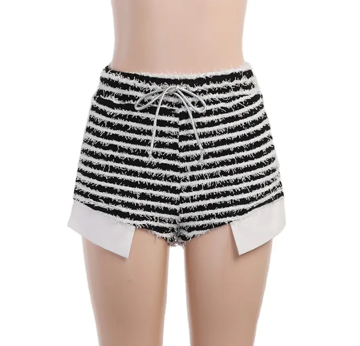 2023 fashion Woolen white black Contrast shorts hot girls casual sexy high waist Stripe Drawstring women shorts