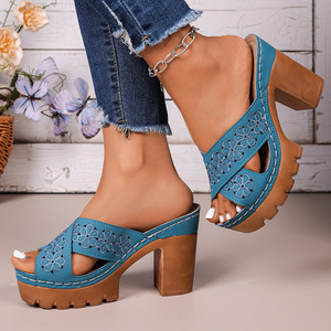 Summer Women Street Style Hollow Sandals Vintage Metal Buckle Thick Bottom <b>Block</b> Heel Fashion Sandals - Product Image 2