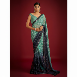 FANCY GEORGETTE BORDADO SECUENCIA DE HILO TRABAJO SAREE CON BLUSA SIN COSTAR VERDE MAR - Product Image 1