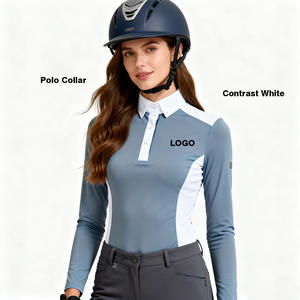 Camisa de equitación para mujer, manga larga, con botones frontales, cuello polo, abertura lateral, contraste blanco, deportiva, para competición ecuestre. - Product Image 1