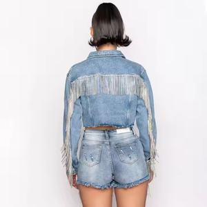 Nouvelle conception de veste pour femme automne, veste personnalisée avec strass, veste en jean courte vintage délavée à l'acide, ensemble OOTD - Product Image 3