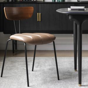 Dining Chair With <b>Backrest</b> Brown Leather Seat Wooden Back Metal Legs Nordic Style Living Room Home Use - Product Image 4