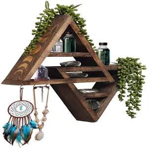 Moon Phase-estantes triangulares, anzuelos, estante de exhibición de cristal rústico, colgador de madera para joyería, soporte para llaves, estético