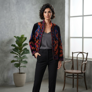 Chaqueta de Invierno para Mujer, Modelo Twin Feet, con Bordado Floral Negro, Cuello Mandarín, Terciopelo Suzani, Manga Larga, Resistente al Viento - Product Image 1
