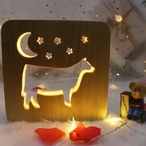 Usb شحن غرفة ديكور غرفة نوم DIY مخصص شكل مختلف أدى 3D تأثير الكلب ليلة الخفيفة خشبية نحت الجوف فارغة مصباح