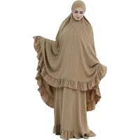 2PCS Gaun Abaya Muslim Wanita dengan Ruffle Trim dan Kantong Samping beserta Khimar