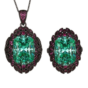 Ensemble de bijoux vintage en cuivre écologique, style nid d'oiseau, avec pendentif et boucles d'oreilles classiques en zircone verte Paraiba 12*16mm, vente en gros - Product Image 1