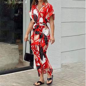 Robe longue d'été décontractée à manches courtes et motif floral, boutonnée, avec laçage, taille haute, élégante et respirante pour femme - Product Image 1