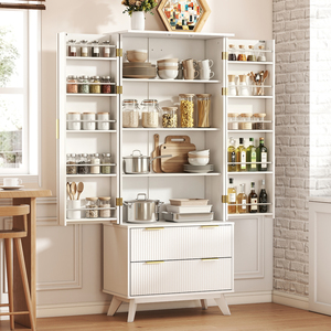 Moderno Armario Alto de Madera Maciza para Despensa, Diseño de 10 Puertas, Estantes Ajustables, 2 Cajones, Ecológico, Resistente al Agua, para Cocina y Sala de Estar - Product Image 1