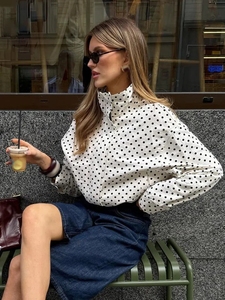 Women Fashion Polka Dot Printed Jacket Woman Autumn Long Sleeves Turtleneck <strong>Zipper</strong> With Pockets Drawstring Casual <strong>Coats</strong> - Product Image 5