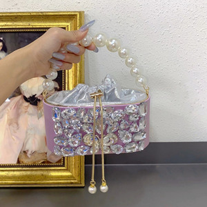 Sac à main de soirée de luxe pour femme, orné de diamants brillants, avec poignée en perles, sac à bandoulière à cordon, sac fourre-tout en velours français tendance - Product Image 1