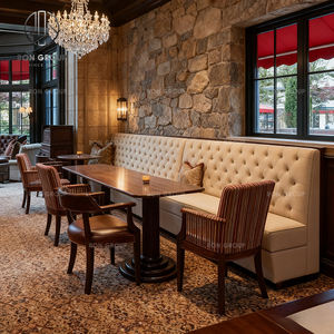 Ensemble de <span class=keywords><strong>table</strong></span> et de chaises rondes modernes en marbre, bois et cuir pour hôtel, restaurant, canapé, banquette, mobilier pour café, salon de thé - Product Image 2