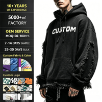 Sweat à capuche épais pour homme, style streetwear, coupe oversize, effet usé, délavé à l'acide, avec franges, logo personnalisé