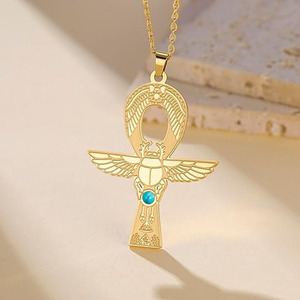 Collana in Acciaio Inossidabile con Croce Ankh e Scarabeo per Donne, Ciondolo Chiave della Vita della Dea Egizia Iside - Product Image 2