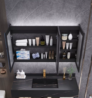 Ensemble de meuble-lavabo de salle de bain minimaliste moderne en MDF avec vasque en céramique sous-couche double couche en pierre frittée effet marbre, compatible Maison Intelligente, style Bar et Ferme