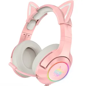 Headset rosa onikuma k9, headset para meninas com orelha, rosa, rgb, luz usb para jogos