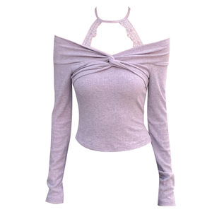 Women's Off Shoulder Front Halter <b>Top</b> - Lace Trim Long Sleeve Ribbed Crop <b>Top</b> Cami Womens Clothes Shirt Fashion - Product Image 1