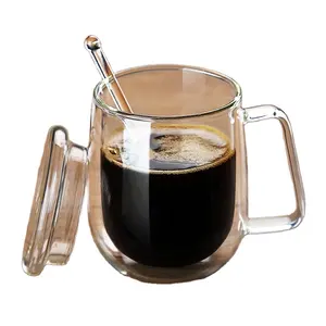 Tazza grande tazza da caffè Espresso in vetro a doppia parete con isolamento termico dal Design elegante con manico e coperchio