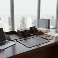 Ensemble de bureau personnalisé de luxe léger : Boîte à mouchoirs, Organisateur de documents de bureau, Porte-stylos en cuir artisanal