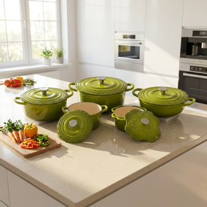 Ensemble de 5 casseroles en <span class=keywords><strong>fonte</strong></span> <span class=keywords><strong>émaillée</strong></span>, multi-tailles, vert, antiadhésif, compatible four et lave-vaisselle, pour ragoûter, mijoter, cuire et faire cuire - Product Image 1