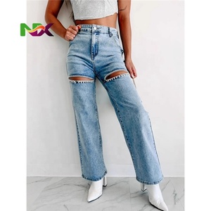 <span class=keywords><strong>Jeans</strong></span> Casual da Donna Personalizzati Taglie Forti <span class=keywords><strong>Jeans</strong></span> Ecoparty da Donna Gamba Larga Alta Qualità Denim Blu Ultimo Design con Buchi e Strappi - Product Image 1