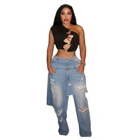 2026 En gros Été Automne Jean déstructuré pour femme, style tablier, double ceinture, effet usé, coupe droite