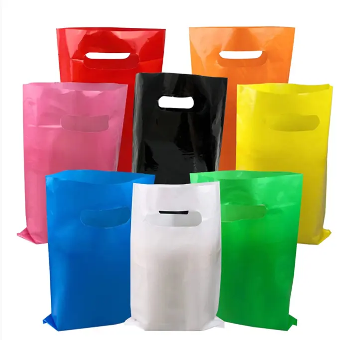 Sacs de marchandises sacs à provisions colorés en plastique épais et brillant avec poignée pour boutiques de petites entreprises
