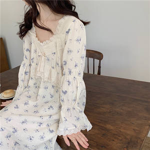 <span class=keywords><strong>Pigiama</strong></span> abbottonato con stampa floreale da donna in <span class=keywords><strong>cotone</strong></span> a manica lunga camicia da notte Vintage in <span class=keywords><strong>pizzo</strong></span> con finiture in <span class=keywords><strong>pizzo</strong></span> in tinta unita elasticizzata in vita Spandex - Product Image 3