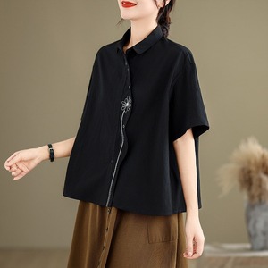 2026 Neue Sommer Großhandels-Bluse mit Blumenstickerei aus reiner Baumwolle, französischer Chic, locker geschnittene Oversize-Kurzarmbluse in Schwarz, Übergröße - Product Image 2