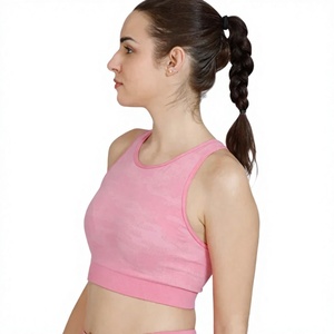 Ensemble de yoga 2 pièces pour femme, sans couture, en Spandex/Polyester, avec logo personnalisé sur le devant, col rond uni, bretelles non ajustables, taille mi-haute élastique, pour entraînement intensif - Product Image 4