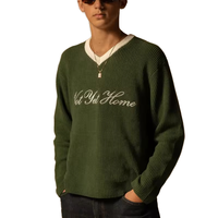 Pull en maille vintage personnalisé pour homme à col en V contrastant, pull vert surdimensionné avec broderie OEM Script, modèle non encore disponible