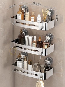 Suction Mounted Stainless Steel Bathroom <b>Corner</b> <b>Shelf</b> Set 12cm Width Rectangular Chrome Polished Space Saving Organizer - Product Image 3