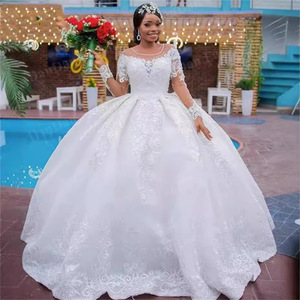 White Organza Ball Gown Wedding Dress O-Neck Princess Waistline Vintage Lace Up Bride Dress - Product Image 4