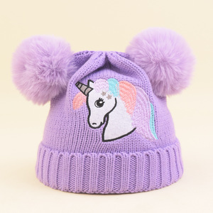 Bonnet d'hiver pour filles avec pompon licorne, bonnet tricoté pour petites filles - Product Image 6